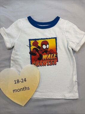 Joe Fresh NWOT White Tee with Blue Collar and Red/Yellow Wall Crawler Graphic